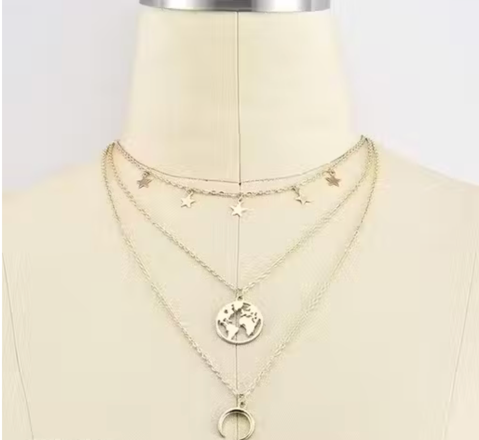 Gold Plated Triple Layered Multi Star, Half Moon and World Pendant Necklace For Women and Girls