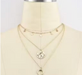 Gold Plated Triple Layered Multi Star, Half Moon and World Pendant Necklace For Women and Girls
