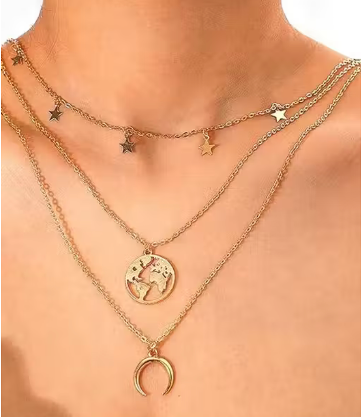 Gold Plated Triple Layered Multi Star, Half Moon and World Pendant Necklace For Women and Girls