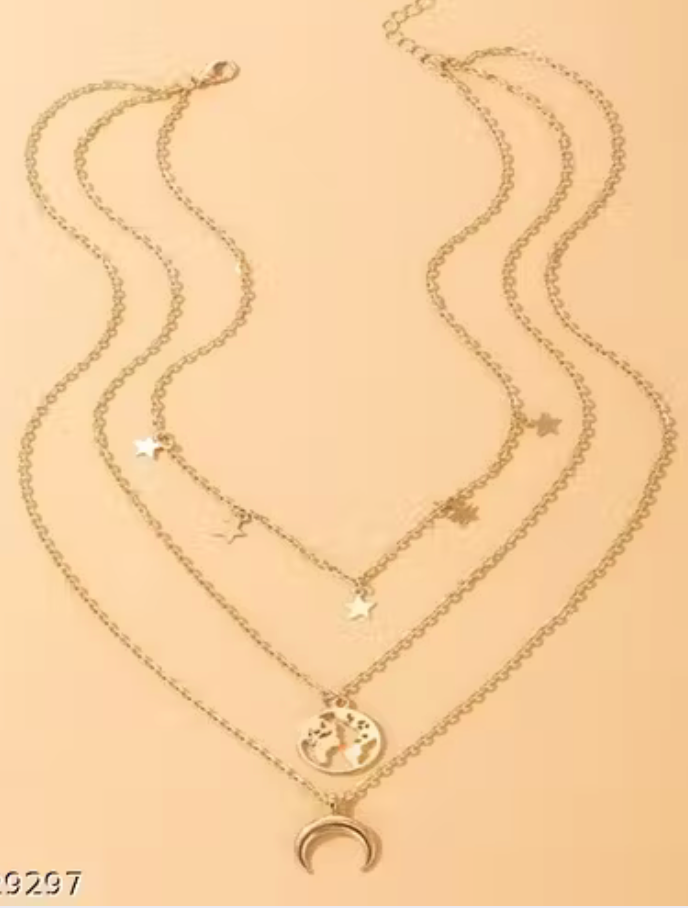 Gold Plated Triple Layered Multi Star, Half Moon and World Pendant Necklace For Women and Girls