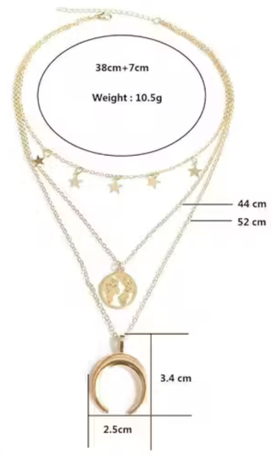 Gold Plated Triple Layered Multi Star, Half Moon and World Pendant Necklace For Women and Girls
