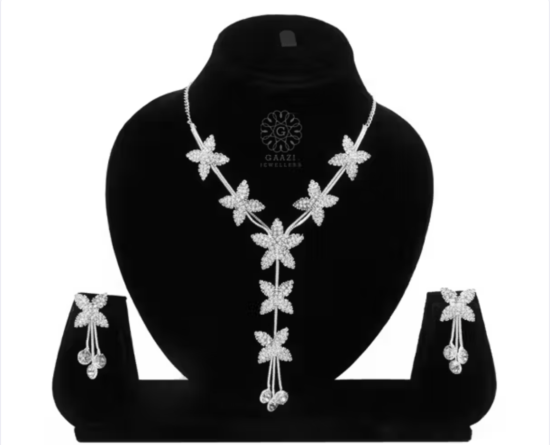 Premium Jewellery Set for Women – Silver Stone Necklace with Earrings | Wedding Collection