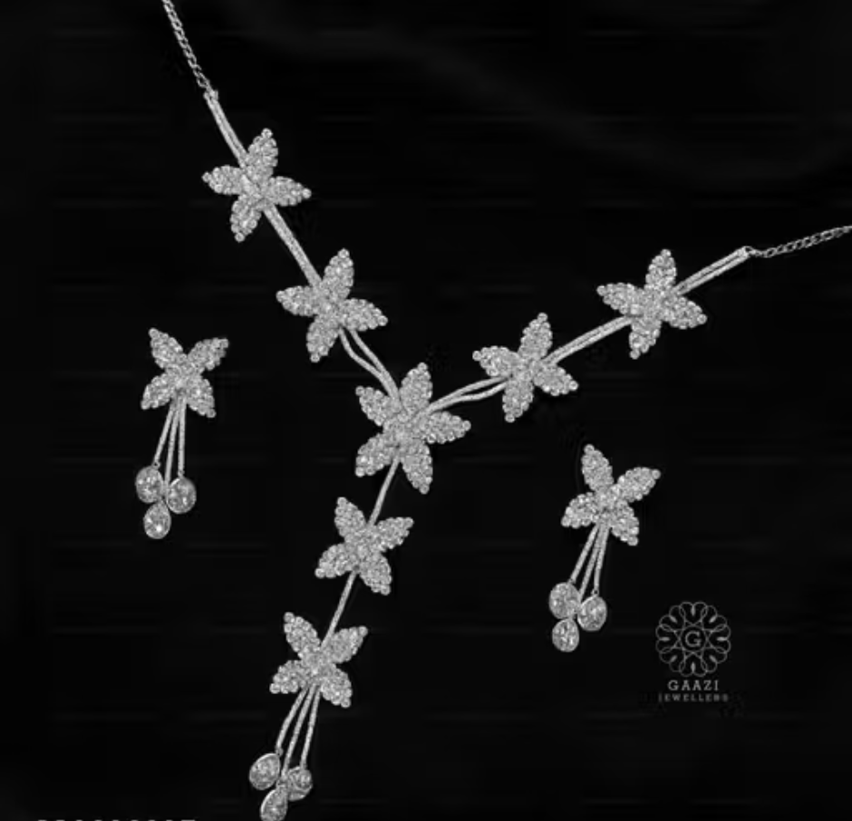 Premium Jewellery Set for Women – Silver Stone Necklace with Earrings | Wedding Collection