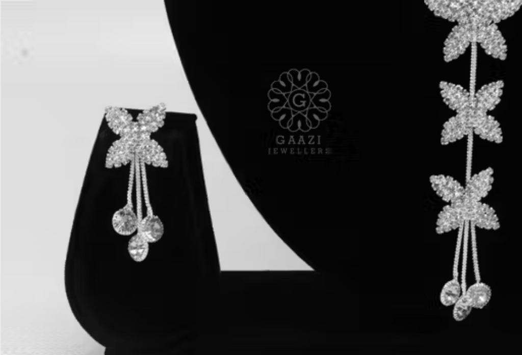 Premium Jewellery Set for Women – Silver Stone Necklace with Earrings | Wedding Collection