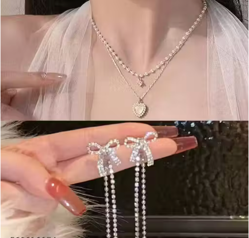 Combo of 2 Trendy Heart Pendant Necklace & Long Crystal Bow Drop Earrings