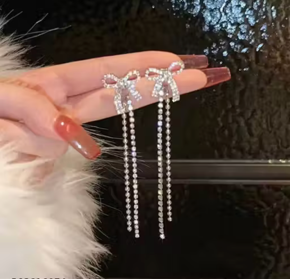 Combo of 2 Trendy Heart Pendant Necklace & Long Crystal Bow Drop Earrings