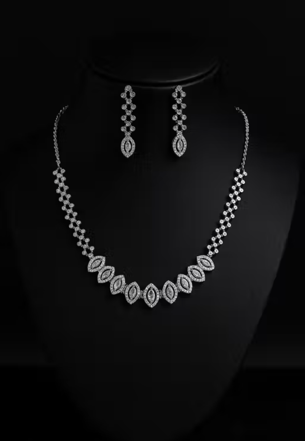Silver Plated American Diamond Choker Necklace with Earrings Set for Women & Girls