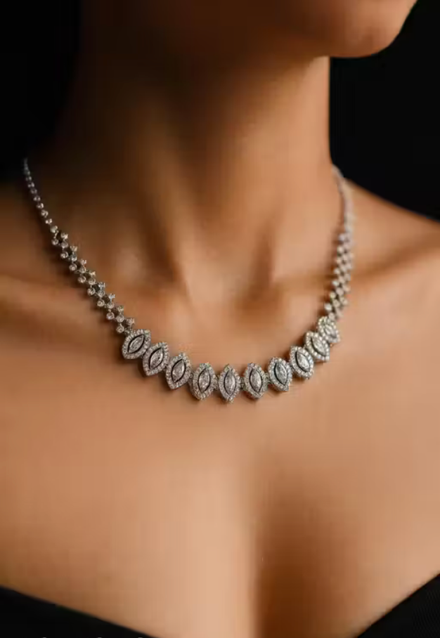 Silver Plated American Diamond Choker Necklace with Earrings Set for Women & Girls