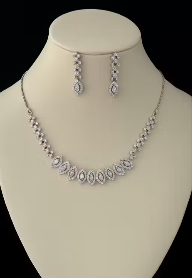 Silver Plated American Diamond Choker Necklace with Earrings Set for Women & Girls