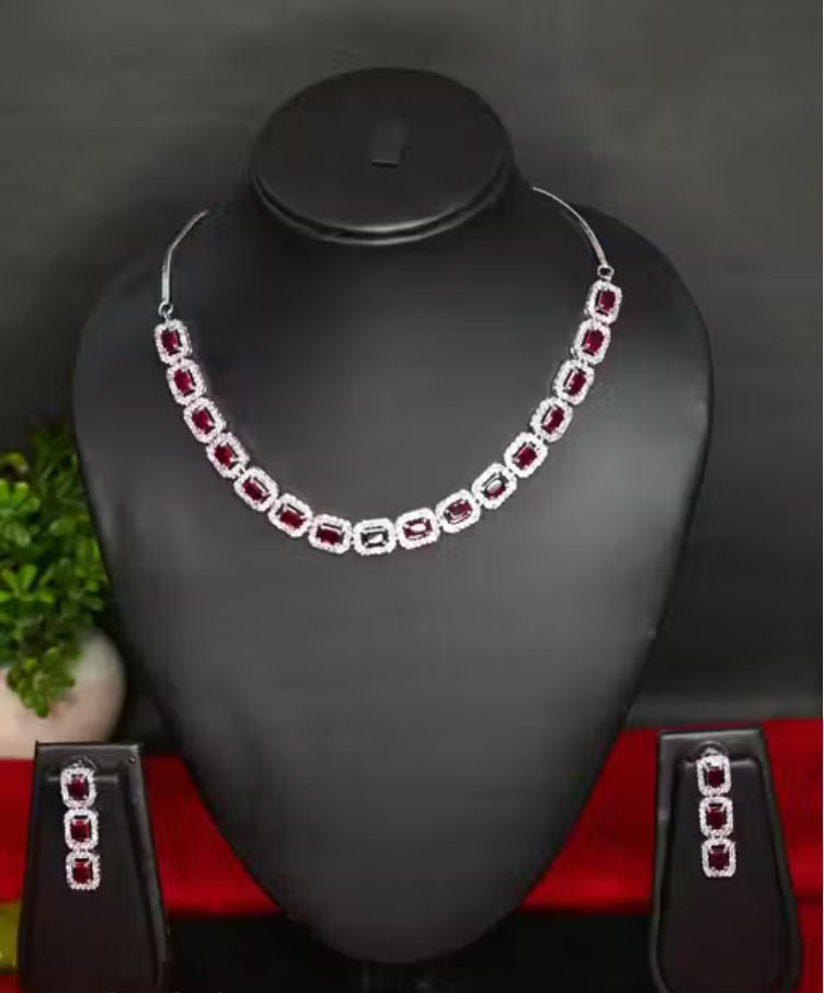Elegant Ruby Red Stone Necklace Set with Earrings for Women | Silver-Plated Crystal Choker Jewelry