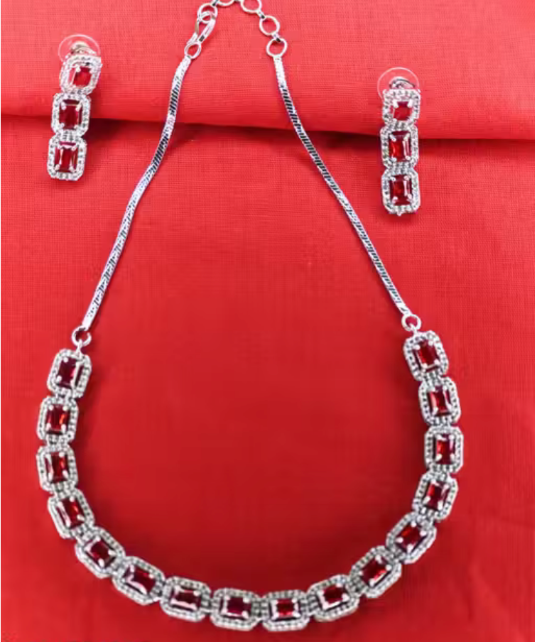 Elegant Ruby Red Stone Necklace Set with Earrings for Women | Silver-Plated Crystal Choker Jewelry