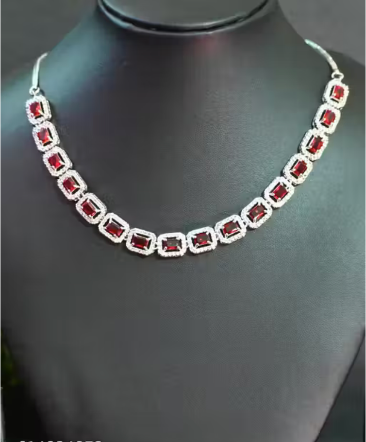 Elegant Ruby Red Stone Necklace Set with Earrings for Women | Silver-Plated Crystal Choker Jewelry