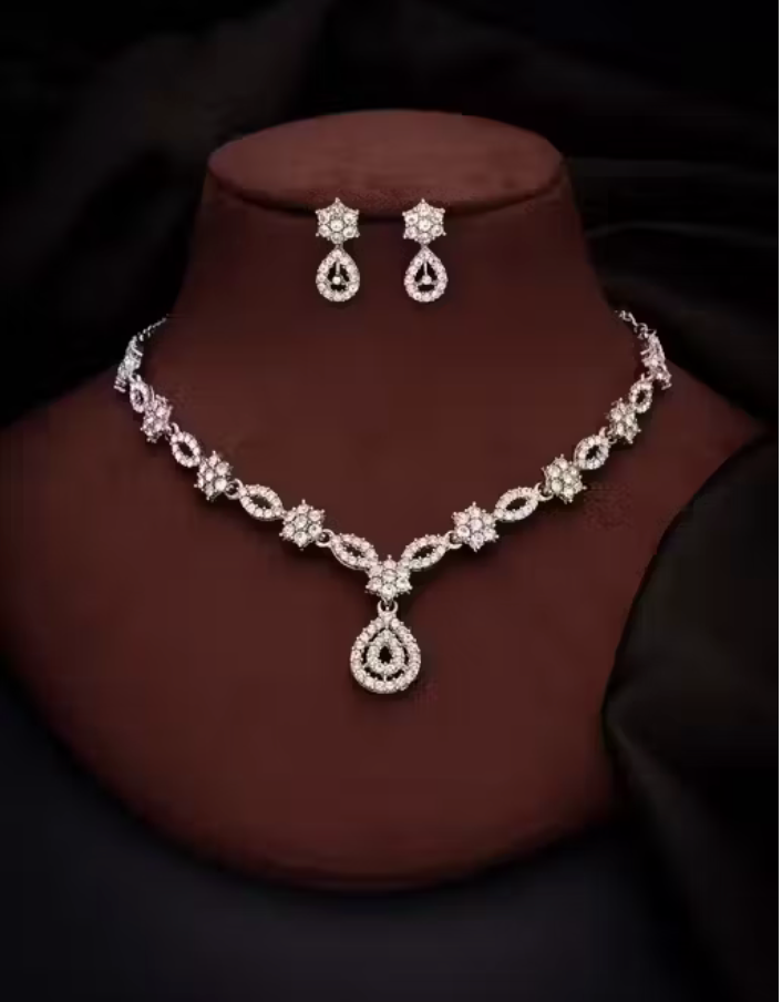 Silver Plated Necklace Set With American Diamond