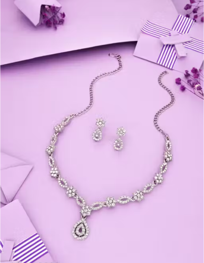 Silver Plated Necklace Set With American Diamond