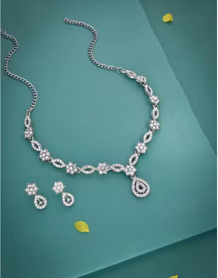 Silver Plated Necklace Set With American Diamond