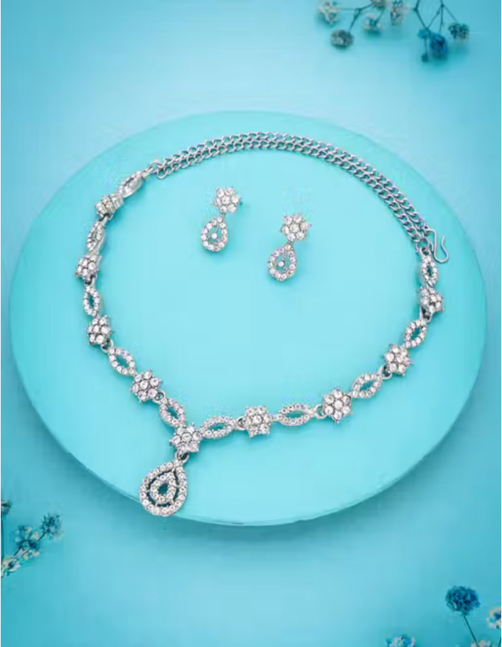Silver Plated Necklace Set With American Diamond